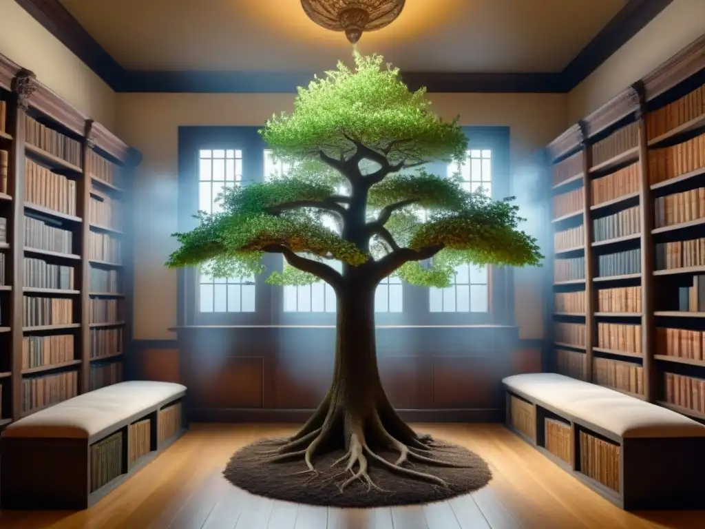 Una ilustración detallada de un árbol genealógico ancestral Ureta en una biblioteca antigua