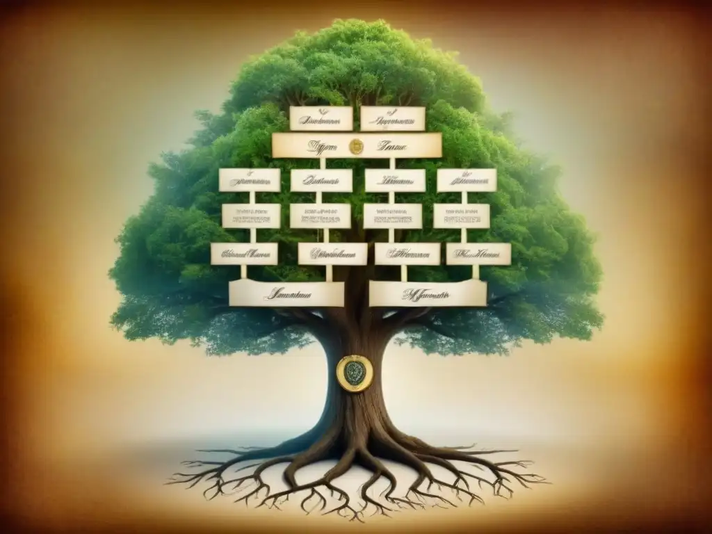 Una ilustración detallada de un árbol genealógico antiguo, mostrando generaciones de ancestros con pergamino desgastado y caligrafía delicada, resaltando las raíces de la genealogía e historia de apellidos antiguos