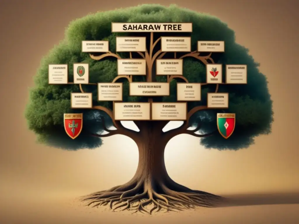 Una ilustración detallada de un árbol genealógico saharaui, con emblemas de escudos que representan apellidos saharauis