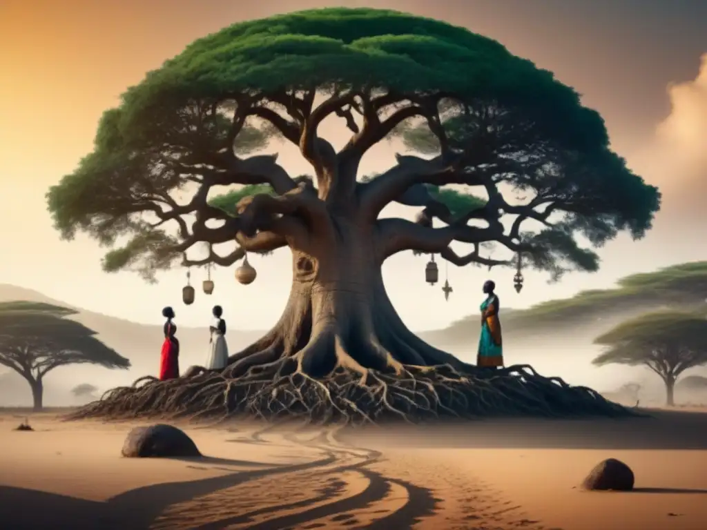 Una ilustración detallada de un árbol genealógico africano, con raíces entrelazadas y símbolos de herencia