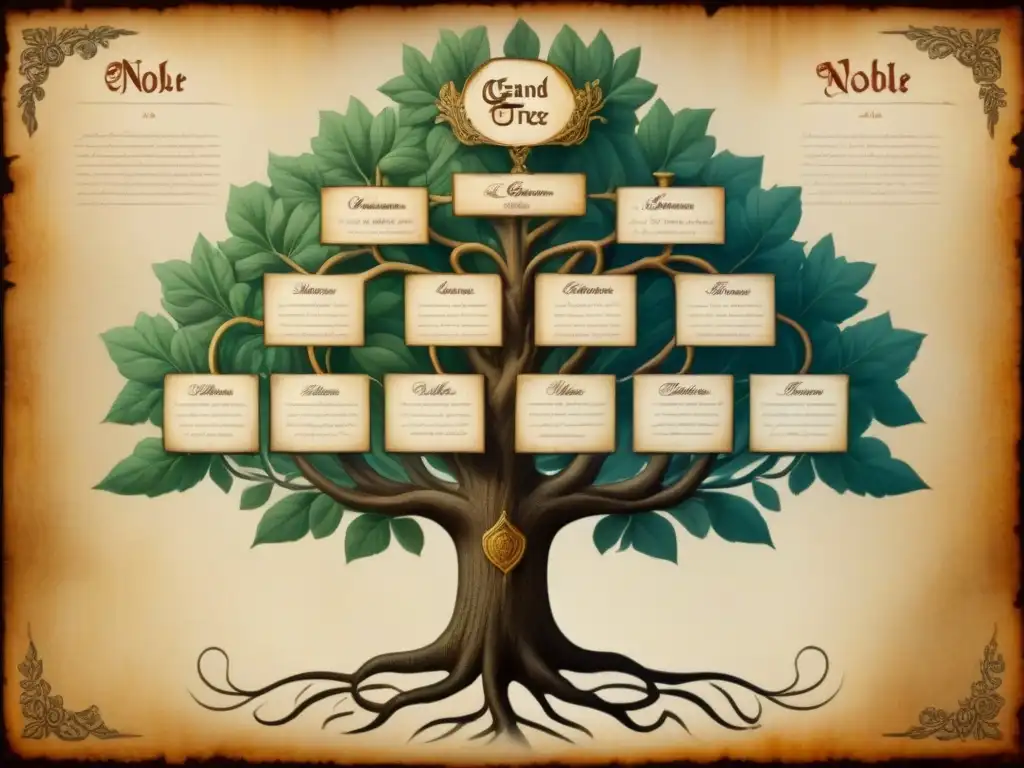 Una ilustración detallada de un árbol genealógico medieval, con historia de apellidos y linajes