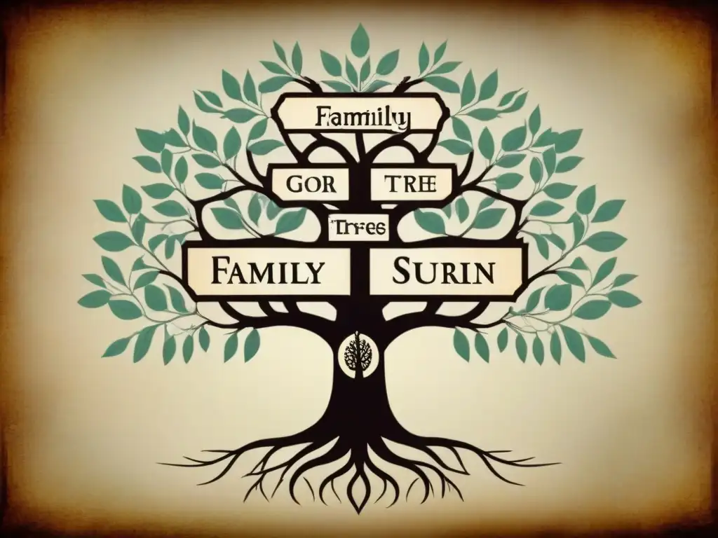 Árbol genealógico detallado en ilustración vintage Una ilustración detallada de un árbol genealógico vintage con nombres de ancestros en caligrafía, sobre pergamino antiguo