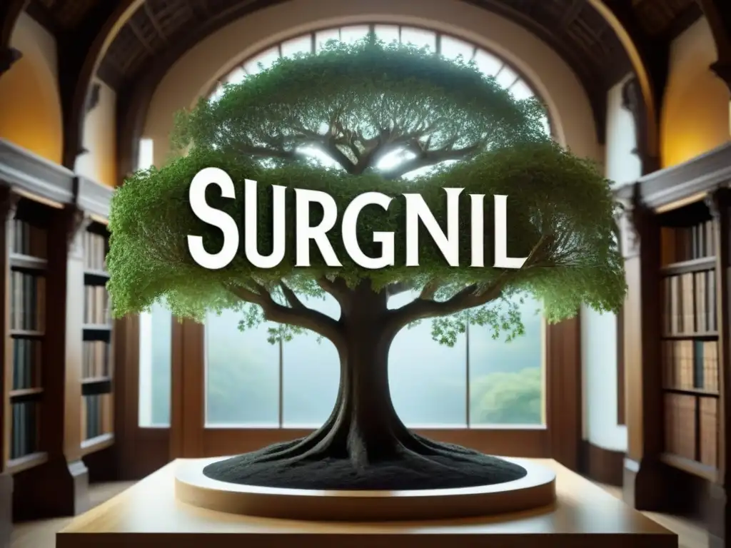 Una ilustración detallada de un árbol genealógico con apellidos 'G' en una biblioteca antigua