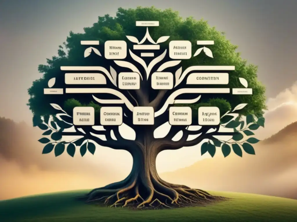 Una ilustración detallada de un árbol genealógico con ramas entrelazadas y símbolos fonéticos representando cambios en linajes familiares