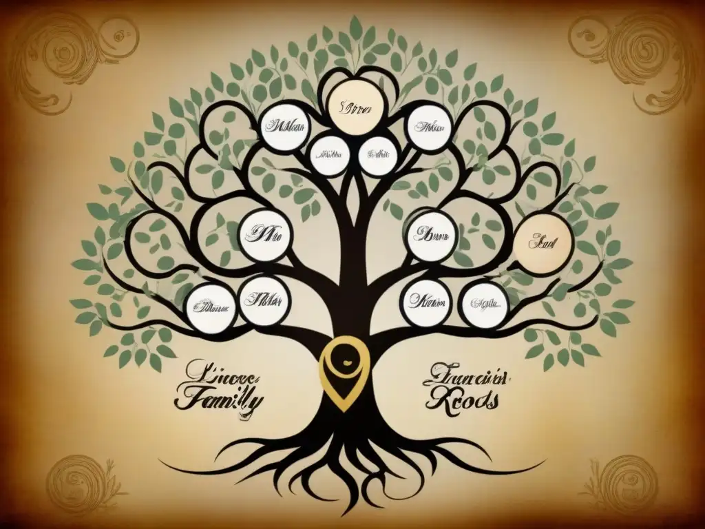 Una ilustración detallada del árbol genealógico de la familia Escudero, con caligrafía delicada y tonos terrosos que reflejan la historia familiar