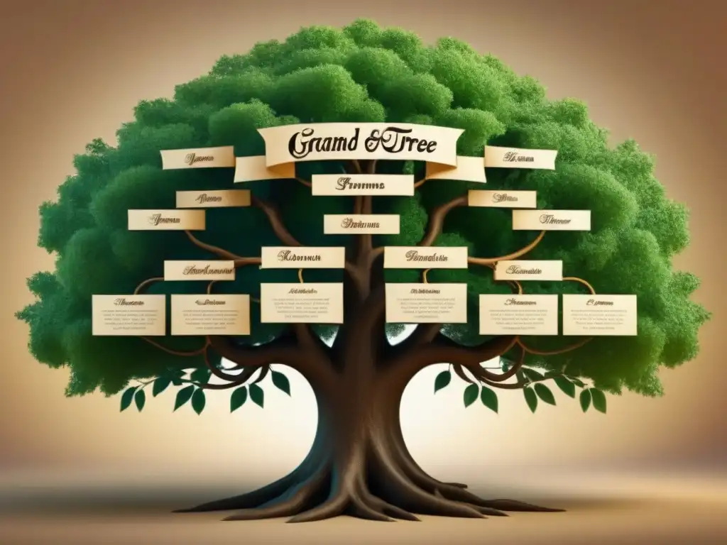 Una ilustración detallada de un árbol genealógico vintage con ramas intrincadas y nombres de familia entrelazados, en un papel pergamino