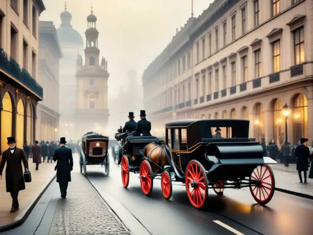 Una ilustración detallada de una bulliciosa calle de ciudad en el siglo XX con carruajes, elegantes peatones y edificios ornamentados