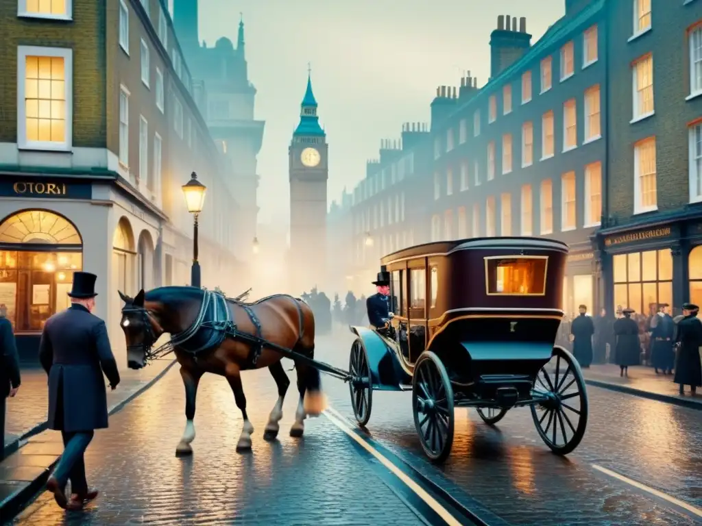 Una ilustración detallada de una bulliciosa calle victoriana en Londres, con carruajes de caballos, elegantes peatones y arquitectura ornamental