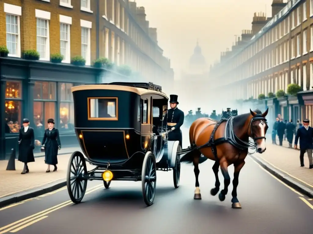 Una ilustración detallada de una bulliciosa calle victoriana en Londres, Inglaterra, con carruajes, faroles de gas y personas en atuendo tradicional