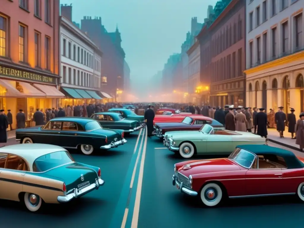 Una ilustración detallada de una bulliciosa calle de la ciudad en el siglo XX, con el impacto de políticas y apellidos de la época