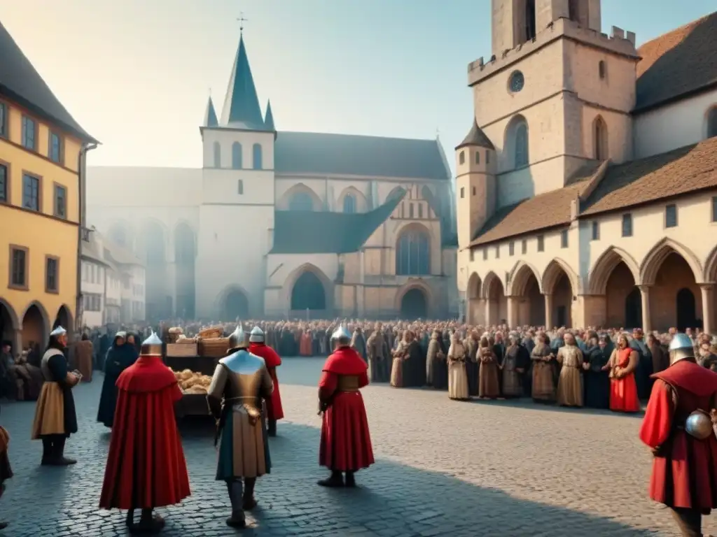 Una ilustración detallada en 8k de una bulliciosa plaza medieval con una gran iglesia de piedra al fondo