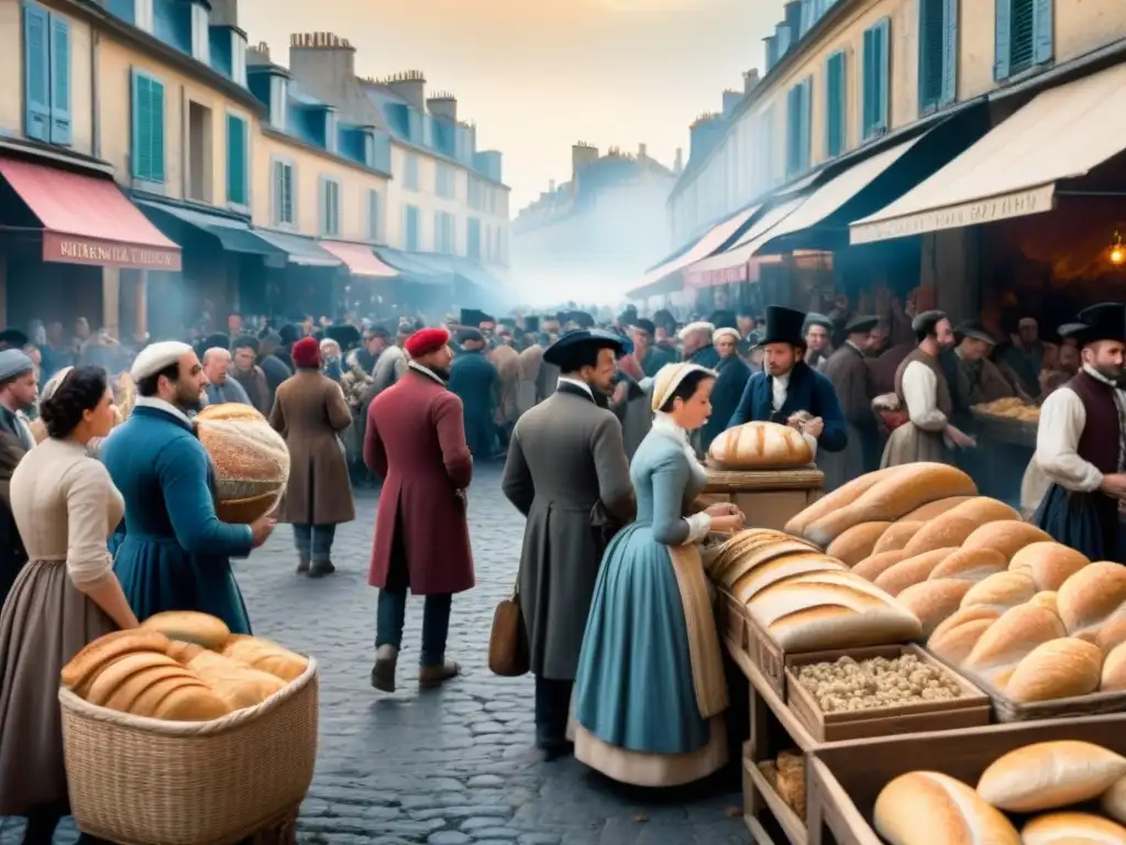 Una ilustración detallada de un bullicioso mercado en Francia del siglo XVIII, muestra la dinámica social previa a la Revolución Francesa