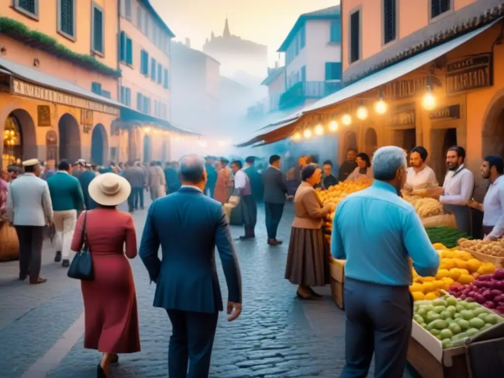 Una ilustración detallada de un bullicioso mercado en un pueblo histórico español, con intercambio cultural y diversidad de personas