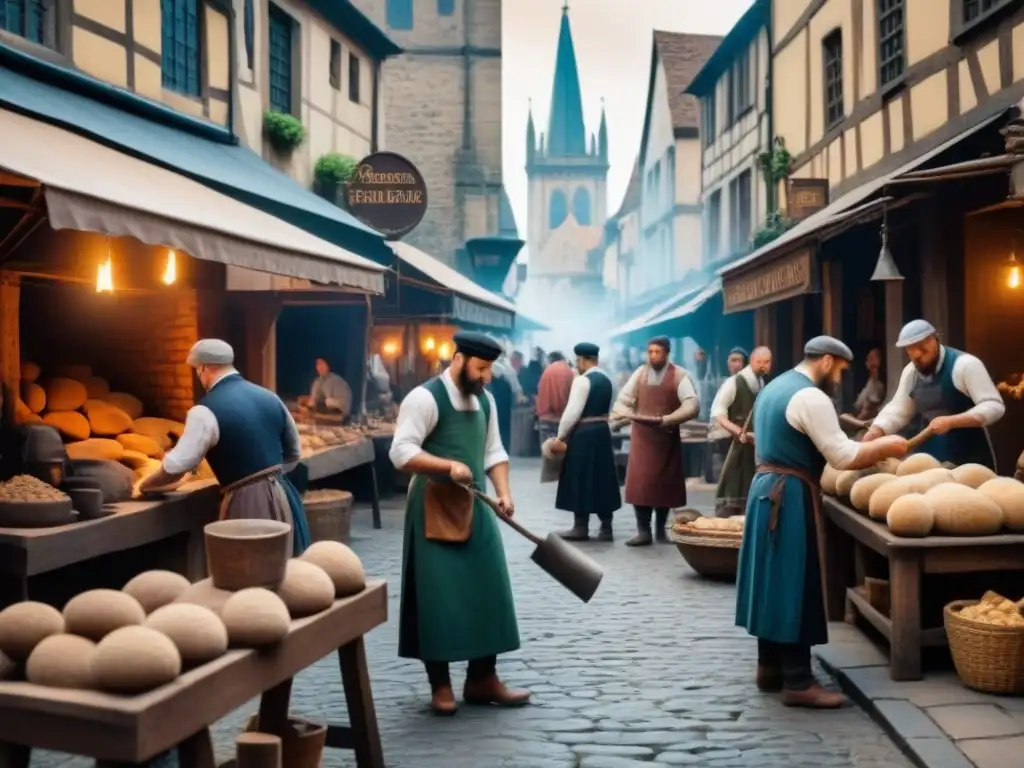 Una ilustración detallada de un bullicioso mercado medieval, con artesanos trabajando en sus oficios