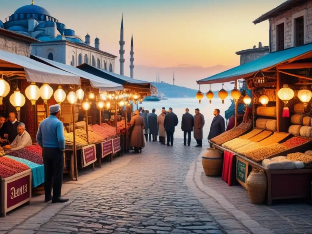 Una ilustración detallada de un bullicioso mercado en Turquía, con apellidos turcos tradicionales en letreros coloridos