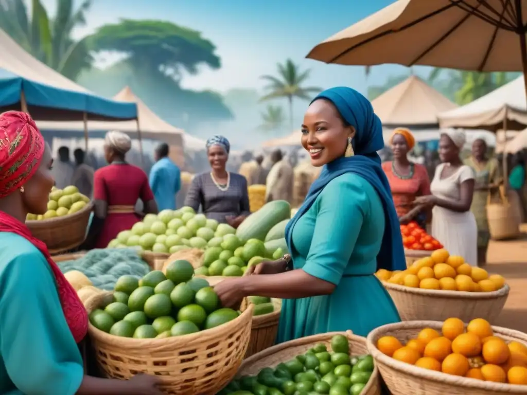 Una ilustración detallada en 8k de un bullicioso mercado africano, con gente diversa intercambiando bienes y socializando