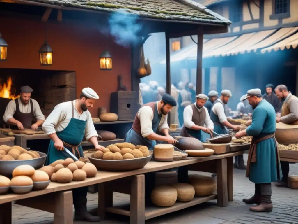 Una ilustración detallada de un bullicioso mercado medieval, con artesanos y comerciantes mostrando sus oficios