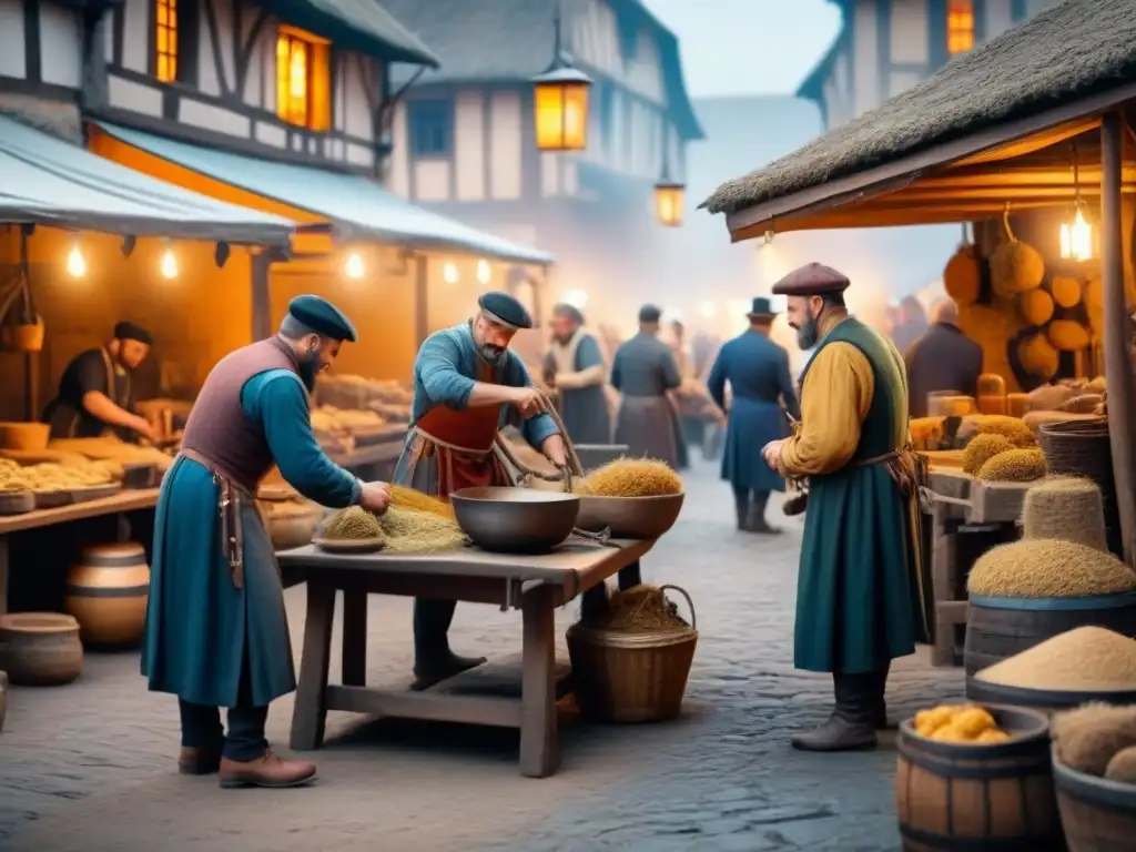 Una ilustración detallada en 8k muestra un bullicioso mercado medieval con artesanos como herreros, tejedores y carpinteros