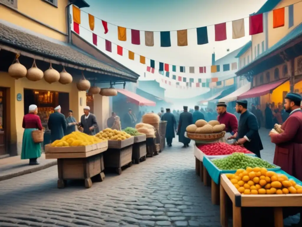 Una ilustración detallada de un bullicioso mercado histórico europeo, donde diversas culturas intercambian mercancías