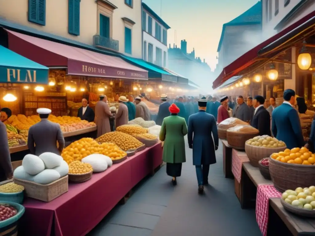 Una ilustración detallada de un bullicioso mercado histórico, comerciantes, bienes opulentos y clientes elegantes