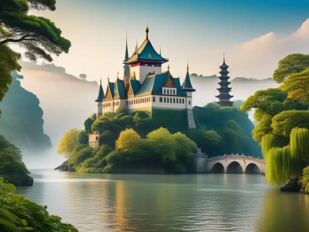 Una ilustración detallada fusiona un castillo europeo con una pagoda asiática, representando la Heráldica Europea y Asiática en arquitectura