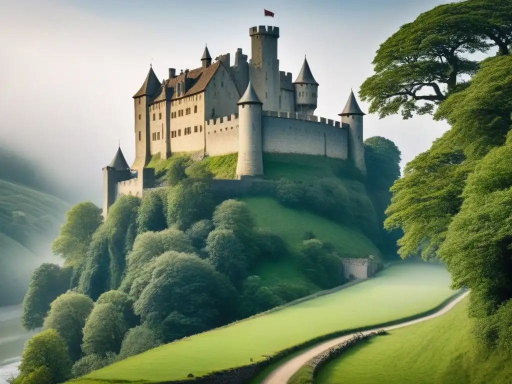 Una ilustración detallada de un castillo medieval con un escudo de armas noble en una pared de piedra, rodeado de naturaleza exuberante, evocando historia apellidos nobiliarios linajes olvidados