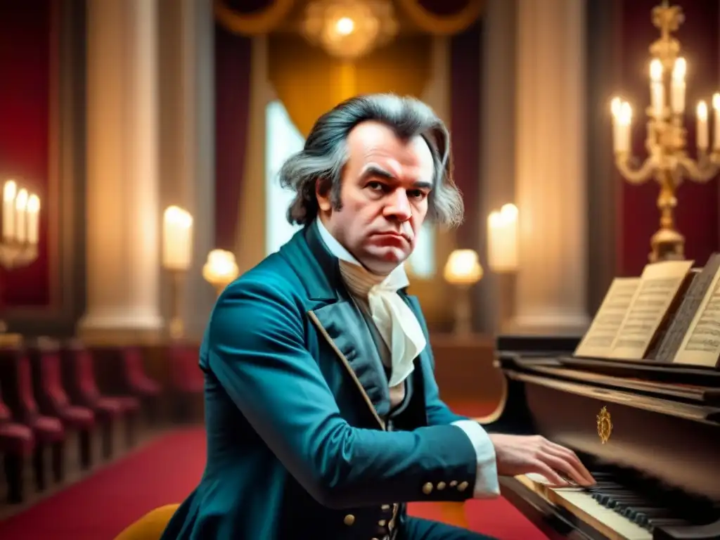Beethoven componiendo en salón musical del siglo XVIII Una ilustración detallada de Ludwig van Beethoven componiendo música en un elegante salón musical del siglo XVIII