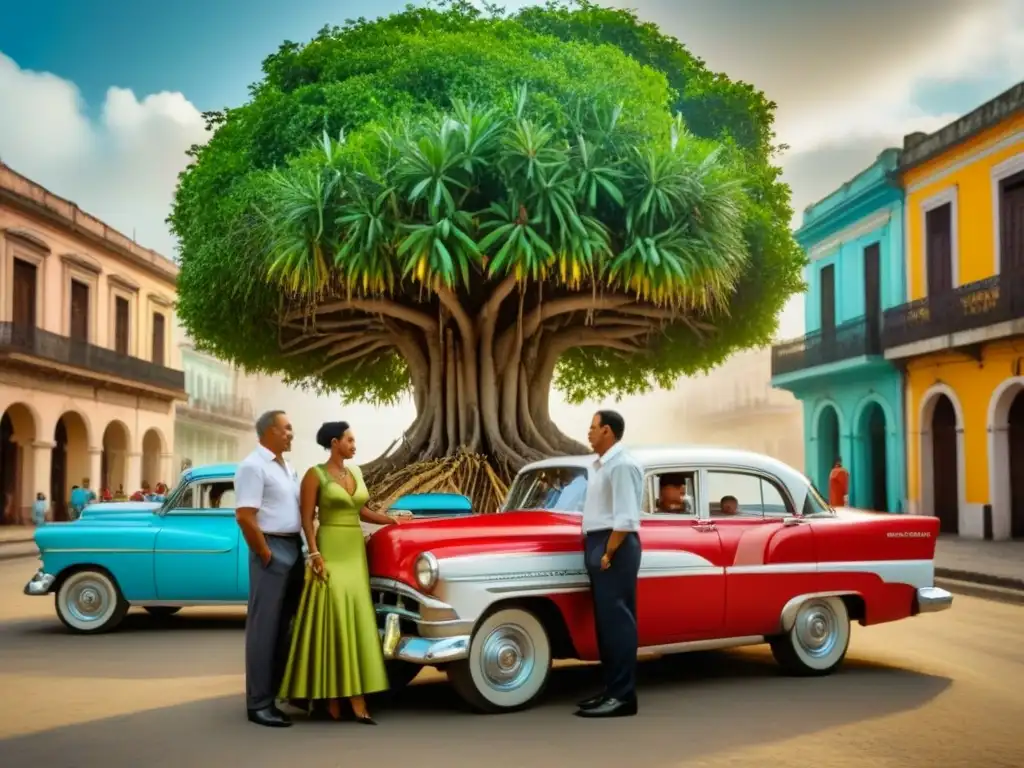 Una ilustración detallada de una familia cubana alrededor de un árbol genealógico con símbolos cubanos, mostrando el origen de apellidos cubanos