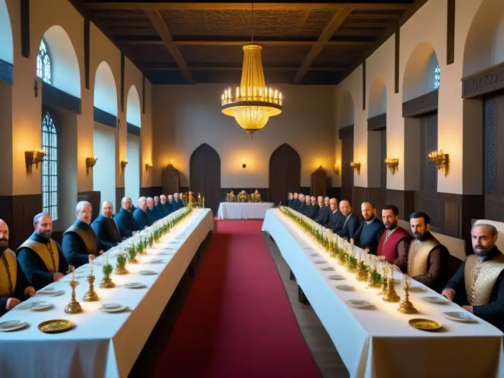 Una ilustración detallada de un gran salón de banquetes medieval, mostrando el contraste entre nobles y plebeyos