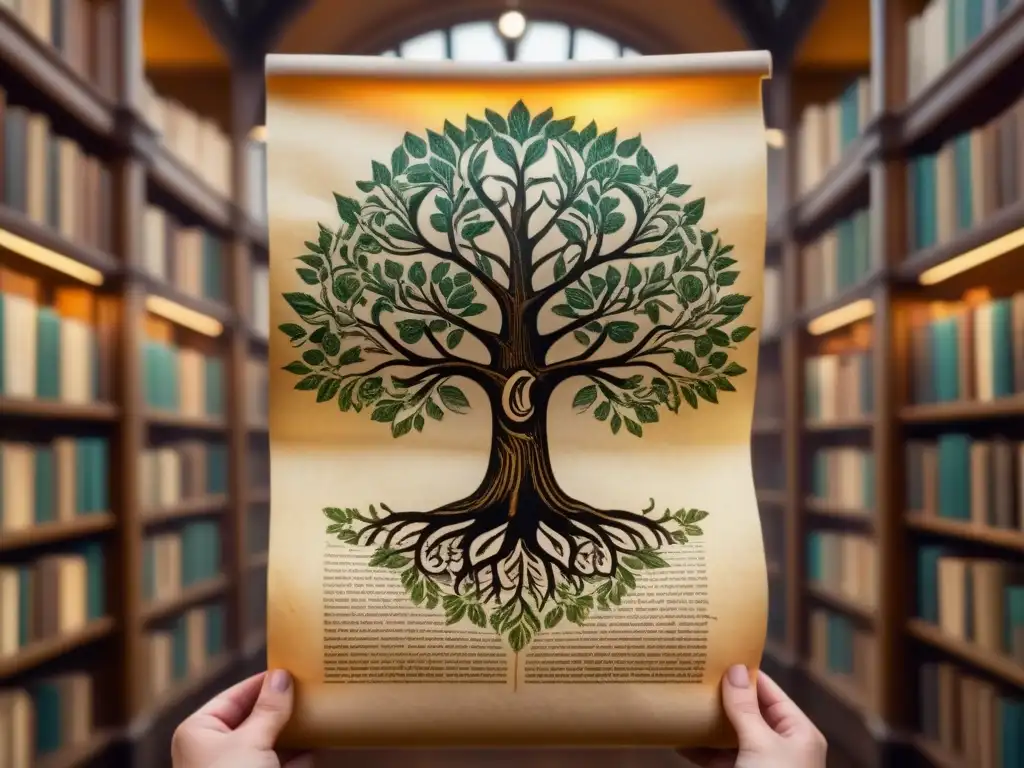 Una ilustración detallada en pergamino de un árbol genealógico, con generaciones y detalles, en una biblioteca antigua iluminada por una vela