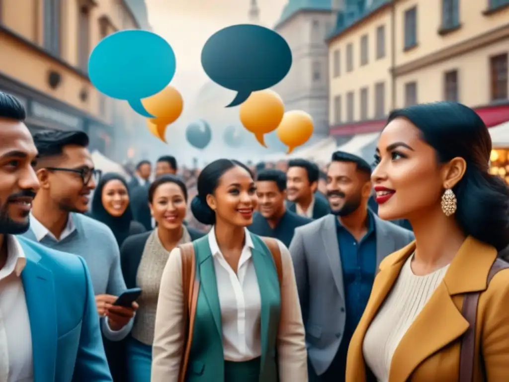 Una ilustración detallada que muestra a personas de diversas culturas conversando animadamente en una plaza de ciudad antigua, con burbujas de diálogo en varios idiomas