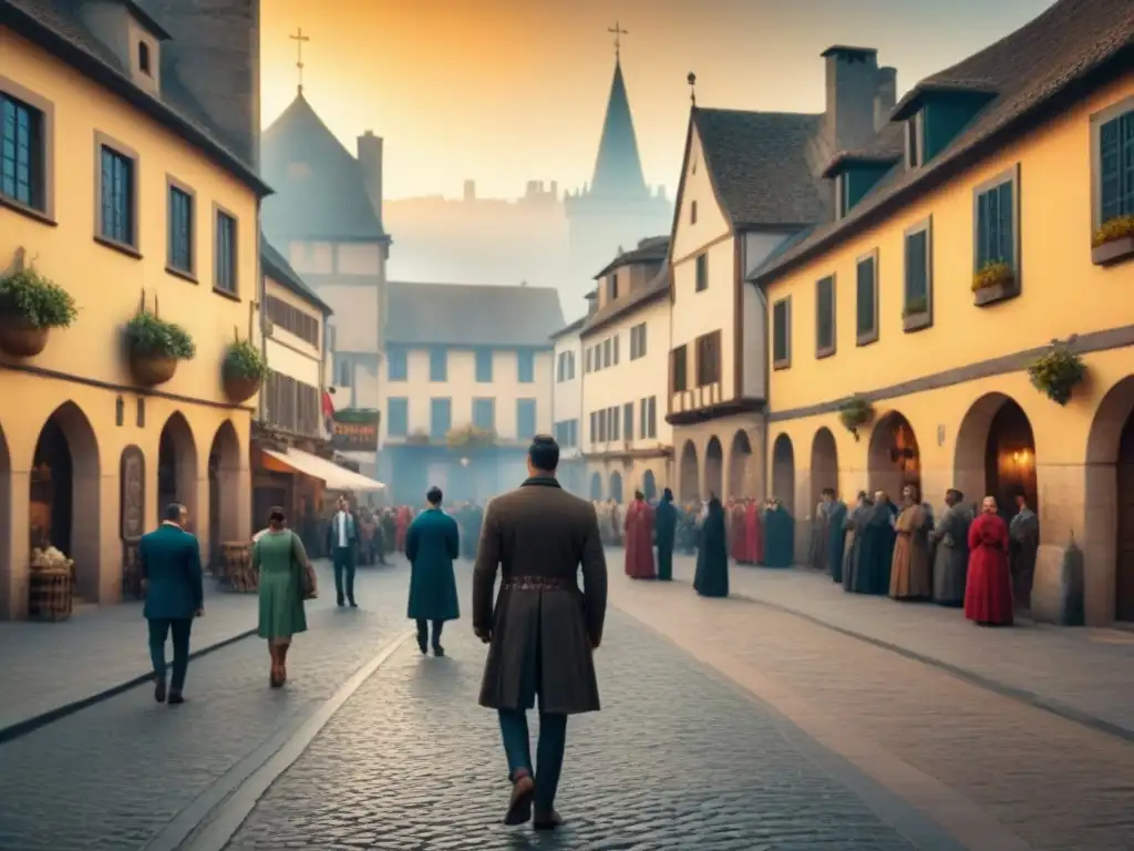 Una ilustración detallada en 8k de una plaza medieval concurrida, reflejando los orígenes de los apellidos Gutiérrez, Gallego y Guzmán