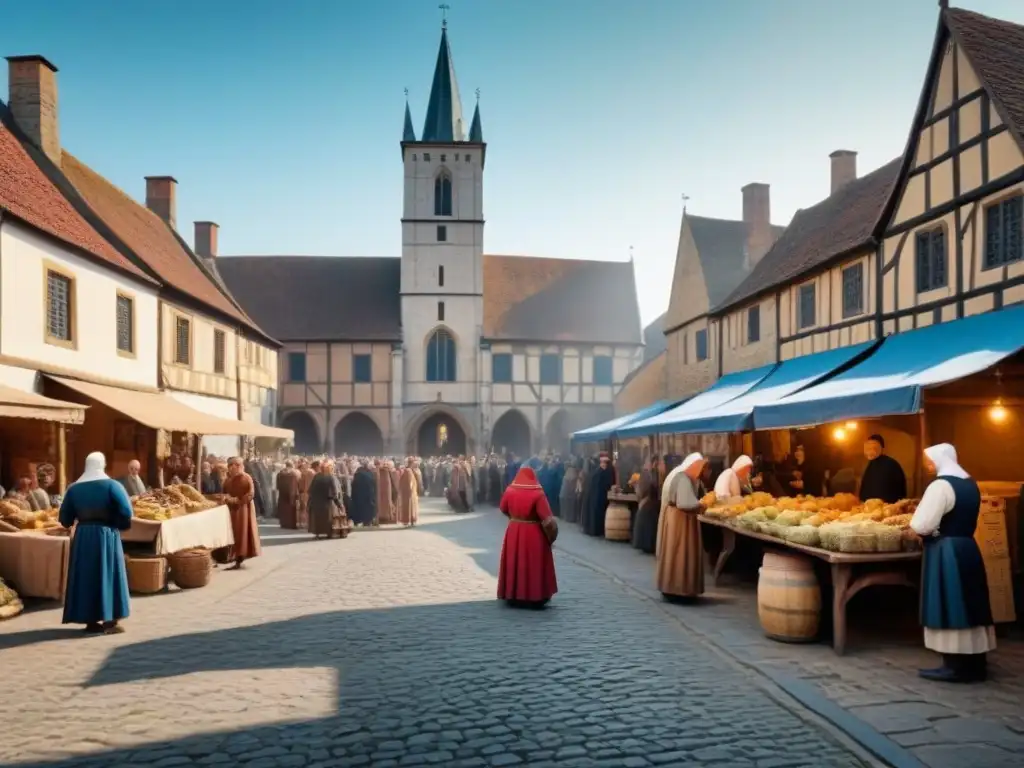 Una ilustración detallada de una plaza medieval bulliciosa con actividad