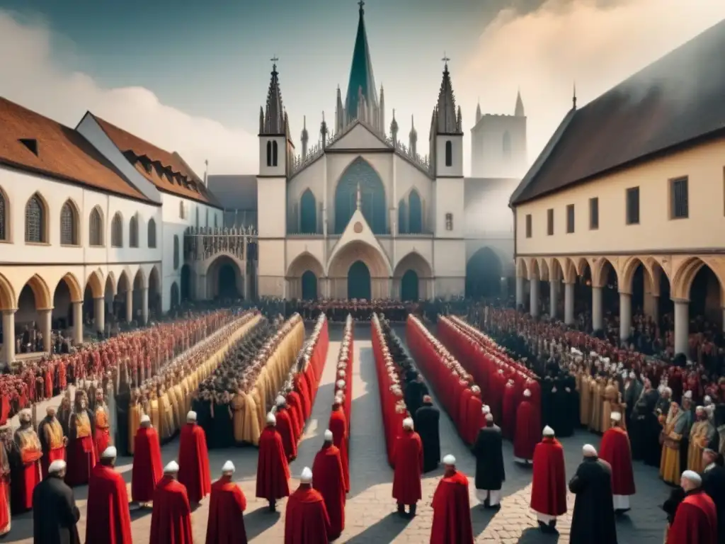 Una ilustración detallada de una plaza medieval con gente participando en un ritual religioso frente a una catedral