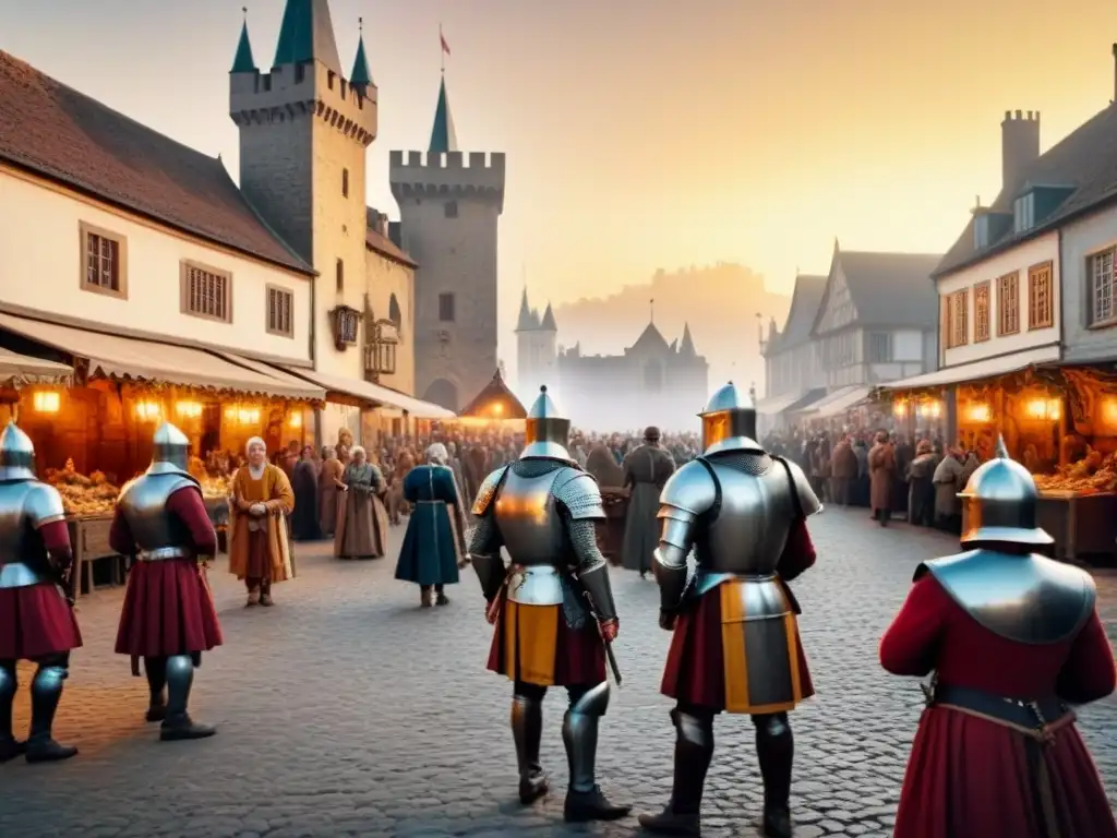 Una ilustración detallada de un pueblo medieval con actividad comercial, caballeros y un castillo al atardecer