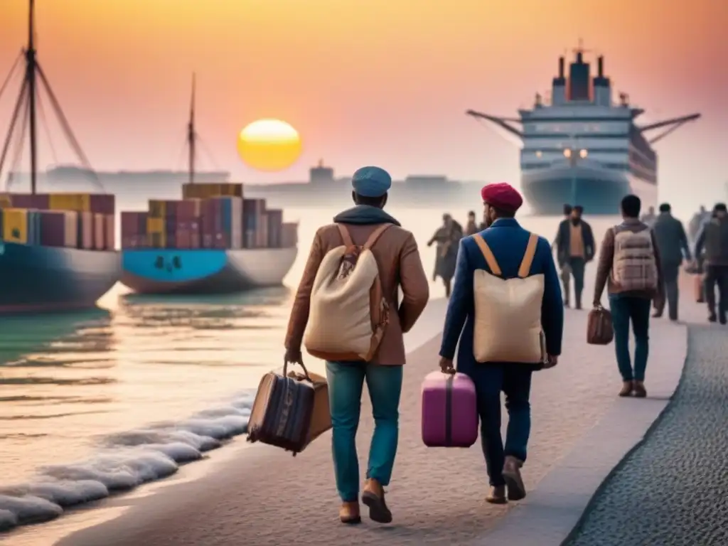 Una ilustración detallada de un puerto bullicioso al atardecer, con migrantes dirigidos al centro de la ciudad