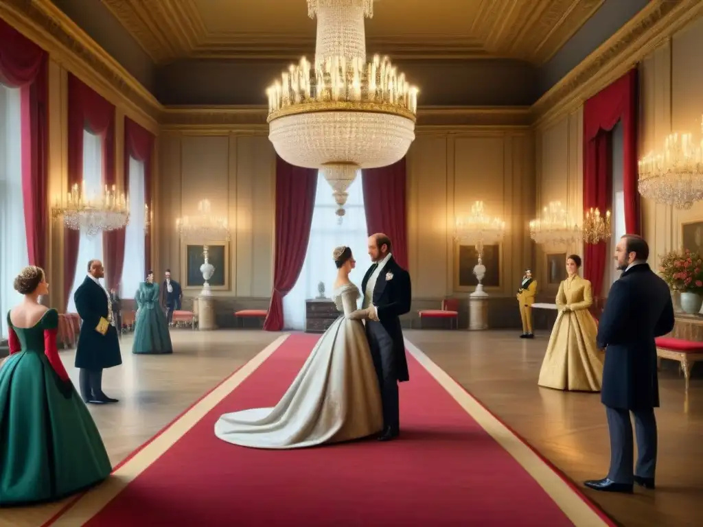 Intriga aristocrática en el salón de baile de los Windsor Una ilustración detallada de una sala de baile con la familia Windsor, llena de drama y susurros escandalosos