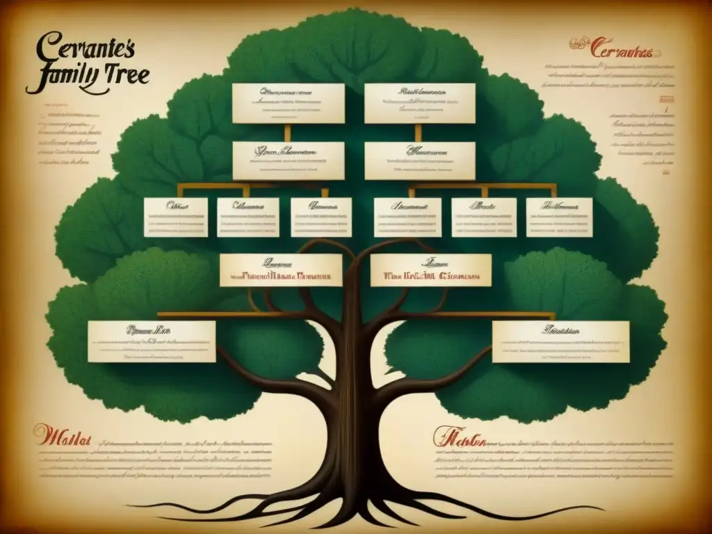 Una ilustración detallada y vintage del árbol genealógico de la familia Cervantes, con elementos literarios clásicos