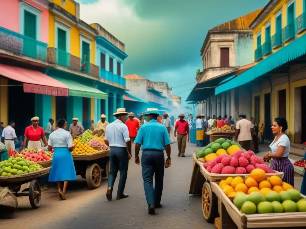 Una ilustración detallada y vintage de un bullicioso mercado cubano en el siglo XIX