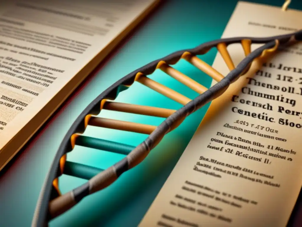 Una ilustración detallada vintage de una doble hélice de ADN entrelazada con documentos históricos como antiguos árboles genealógicos y pergaminos desgastados, simbolizando la conexión entre marcadores genéticos y apellidos ancestrales