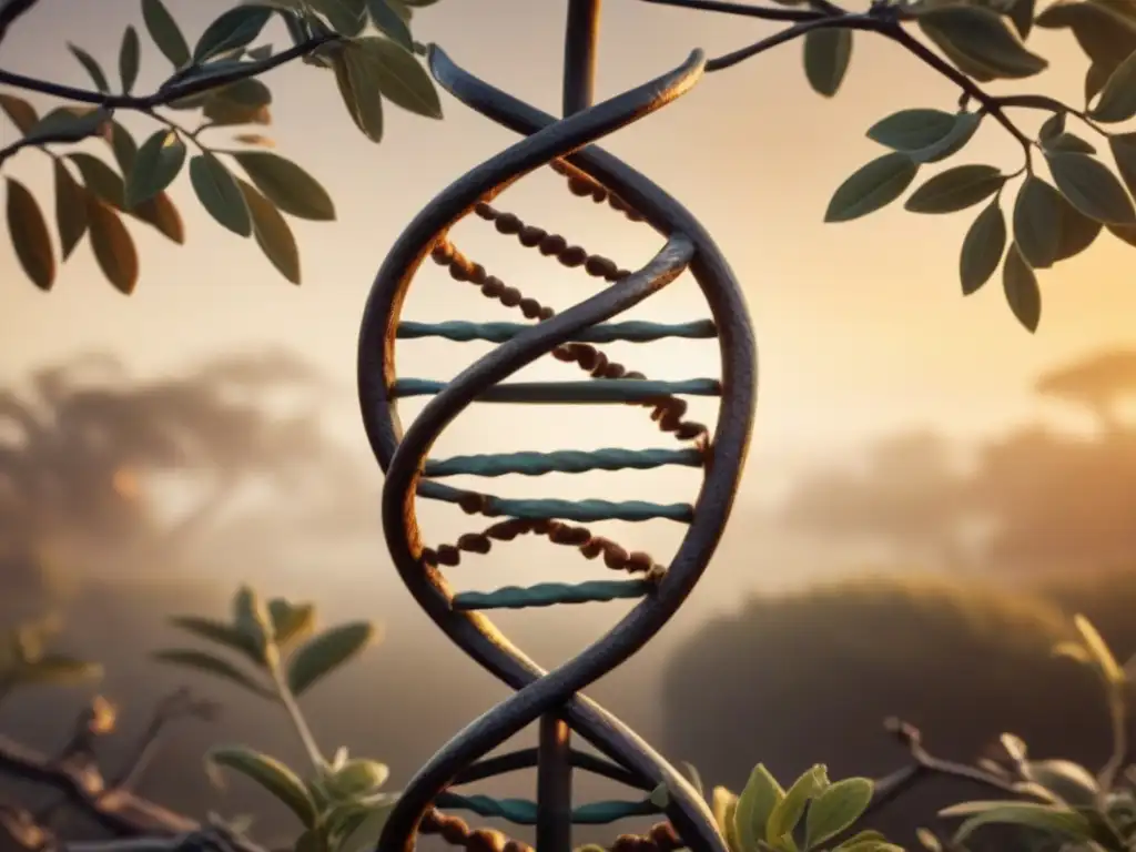 Una ilustración detallada vintage de una doble hélice de ADN entrelazada con un árbol genealógico, fusionando marcadores genéticos en genealogía