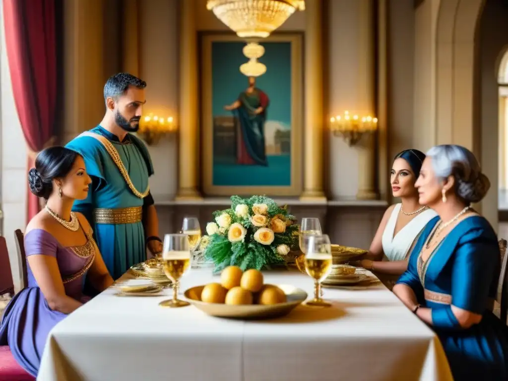 Una ilustración detallada y vintage de una familia romana en una lujosa villa, disfrutando de un banquete