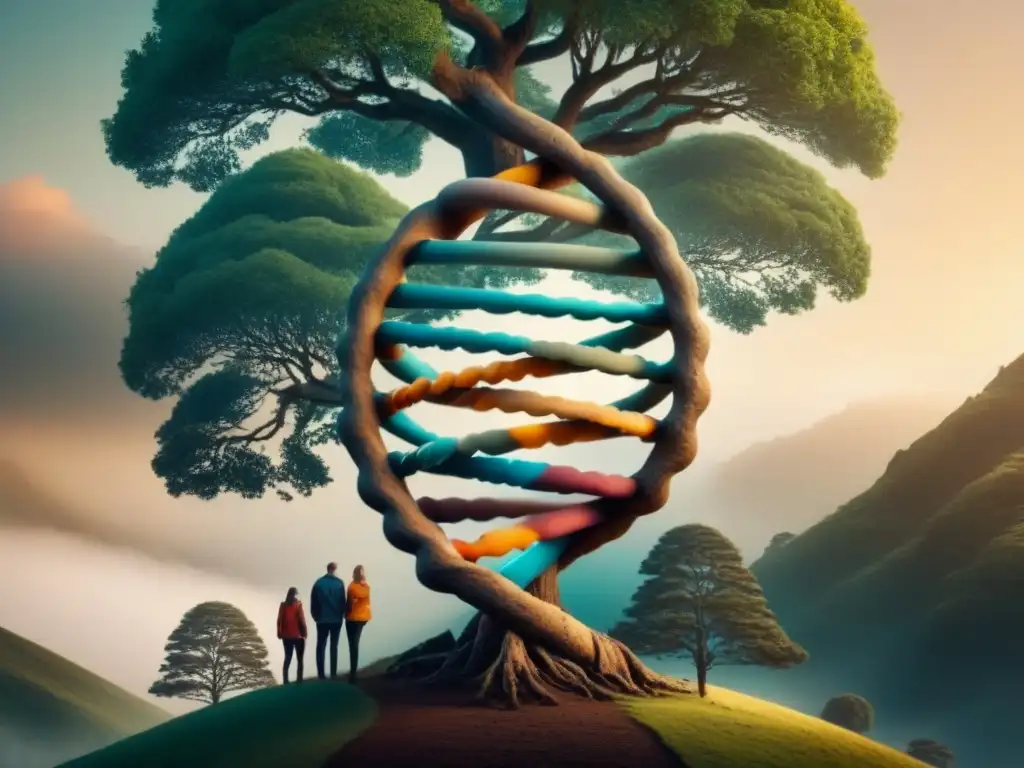 Una ilustración detallada de un ADN vintage unido a un árbol genealógico, representa la conexión entre la ascendencia genética y la historia familiar