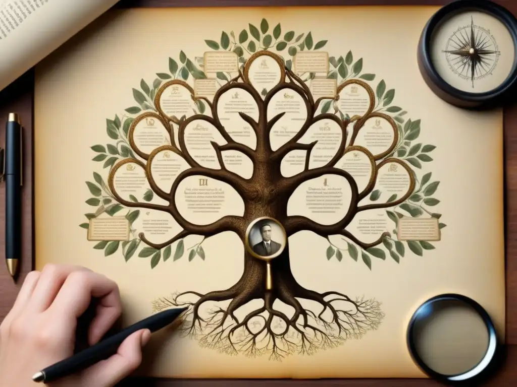 Una ilustración vintage de un gran árbol genealógico con conexiones familiares intrincadas, rodeado de objetos antiguos, evocando historia y tradición