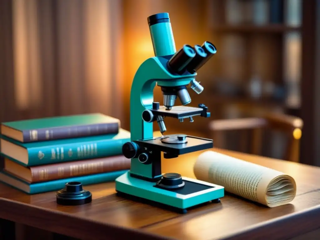Una ilustración vintage de un microscopio enfocando una hélice de ADN, rodeado de herramientas científicas antiguas en una mesa de madera
