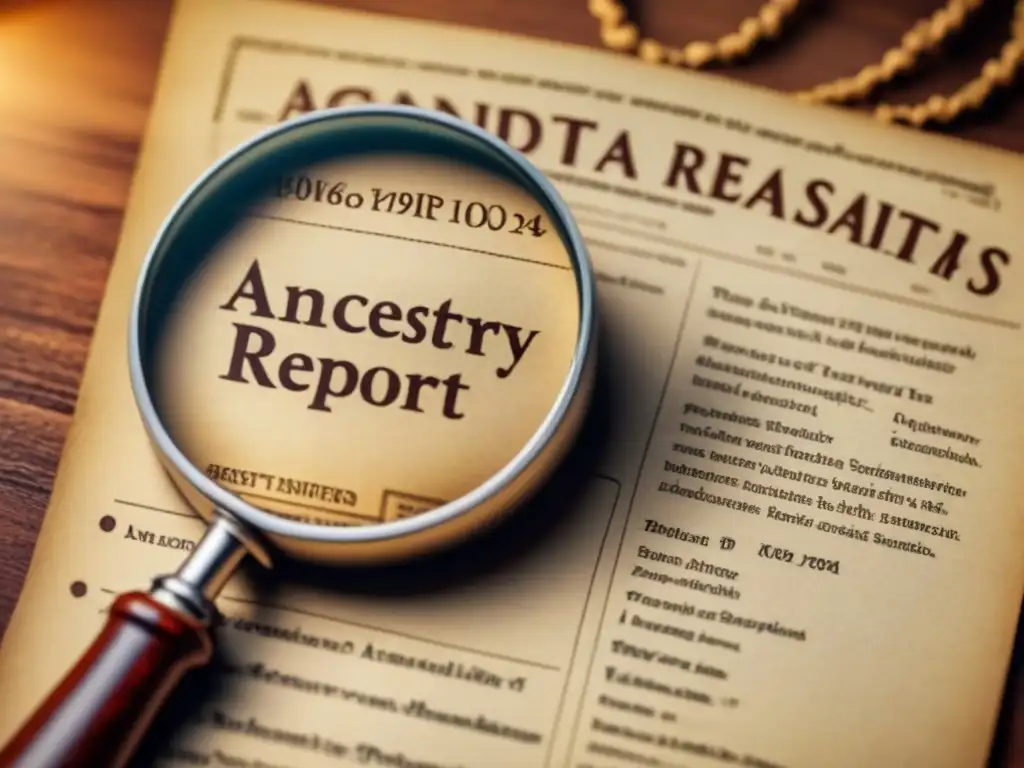 Una ilustración vintage de un informe detallado de resultados de AncestryDNA con una lupa resaltando secciones específicas