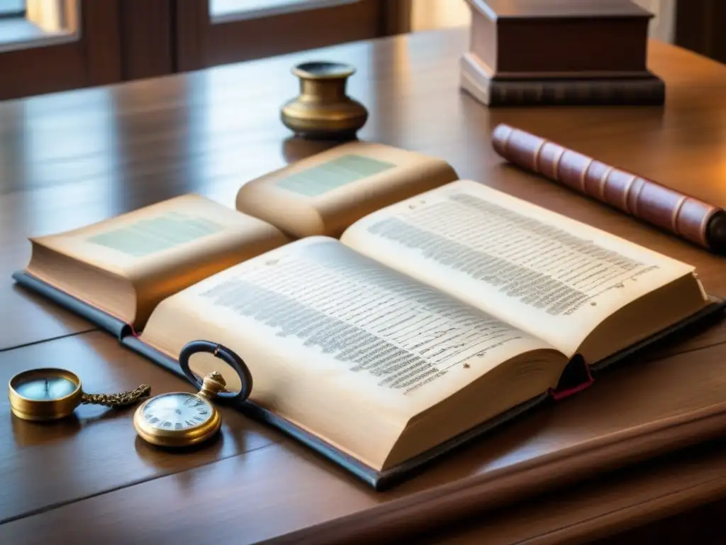 Una imagen de un antiguo libro de contabilidad abierto en un escritorio de madera, con registros históricos escritos a mano y una cálida luz natural