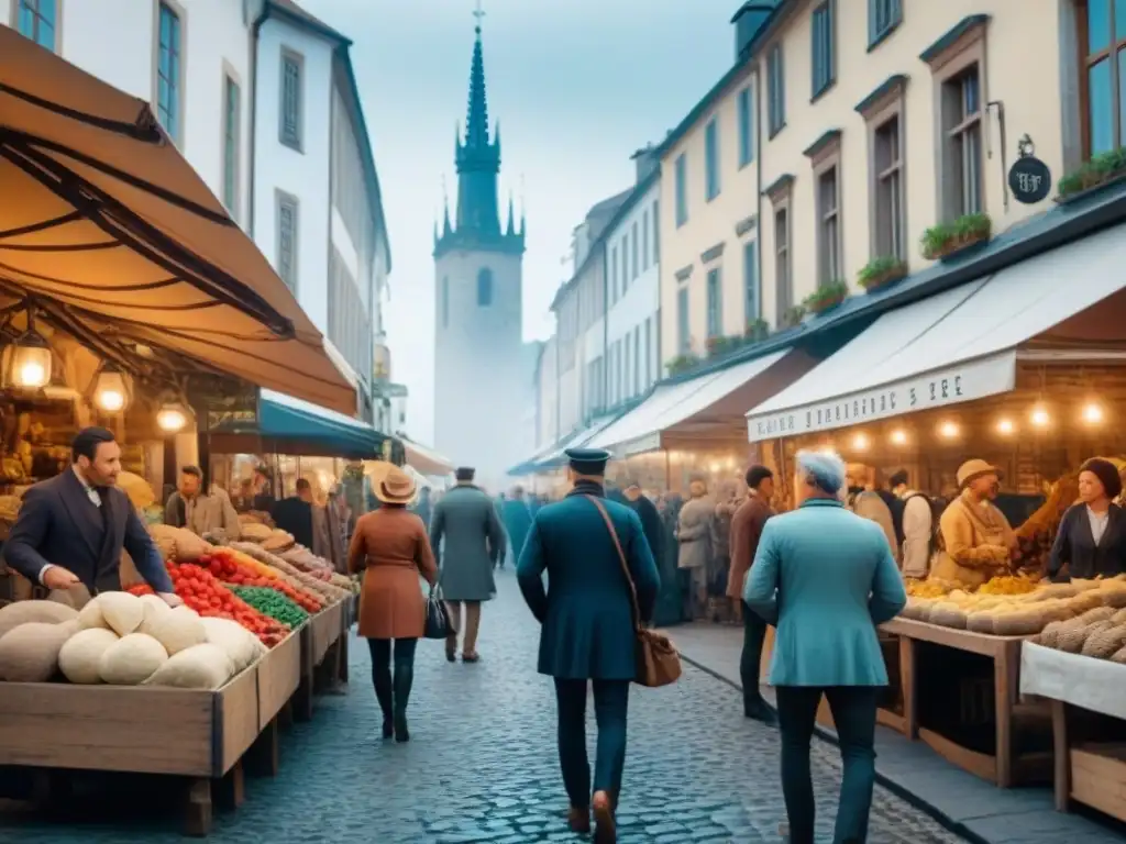 Una imagen sepia de un bullicioso mercado en una ciudad europea histórica, reflejando la movilidad social a lo largo de la historia