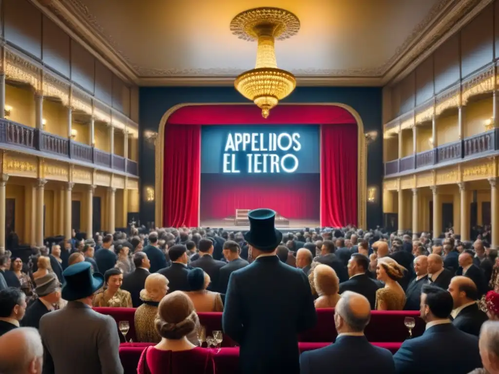 Una imagen detallada de un bullicioso vestíbulo teatral de principios del siglo XX, con una multitud diversa vestida de forma elegante