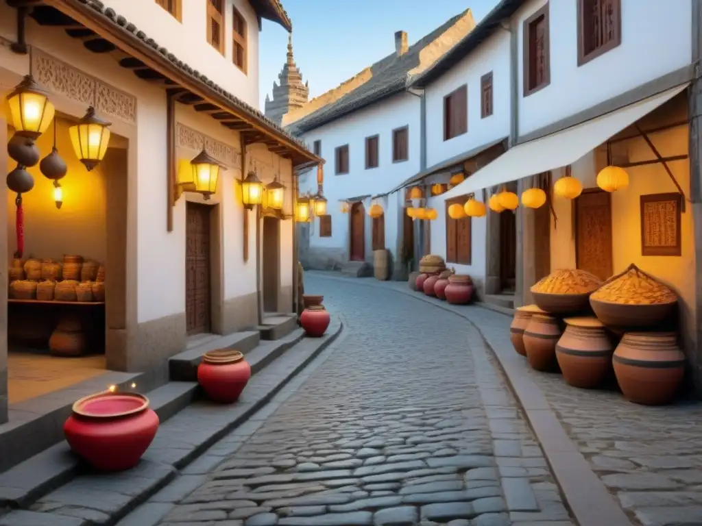 En la imagen detallada, una calle empedrada llena de casas gremiales antiguas, con artesanos conversando cerca de una fuente de piedra